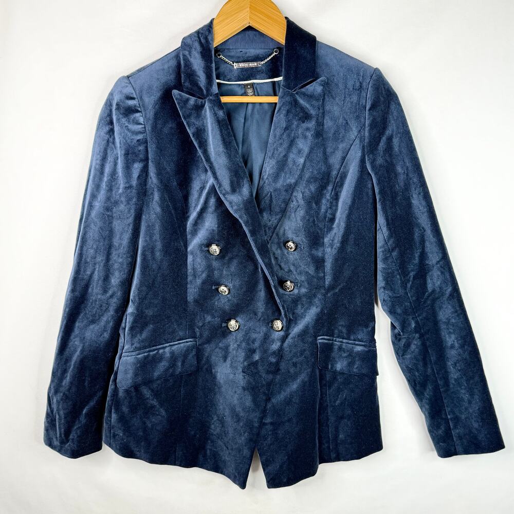 White House Black Market Blue Velvet Double Breasted Blazer 4